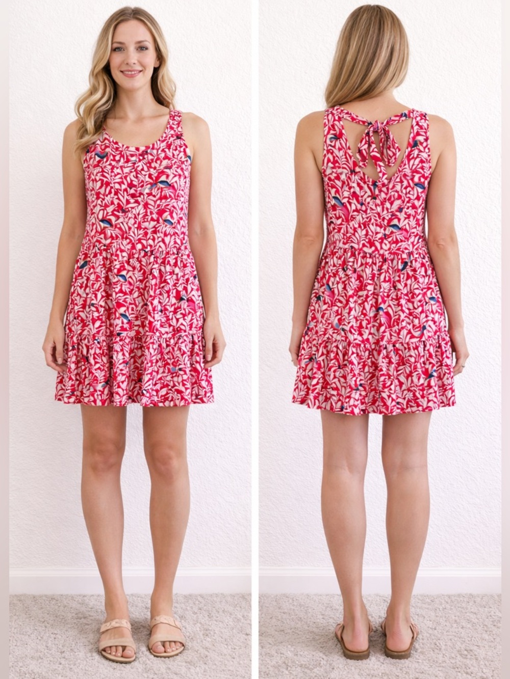 LOFT Red Bird Print Sleeveless Tiered Dress | Size L